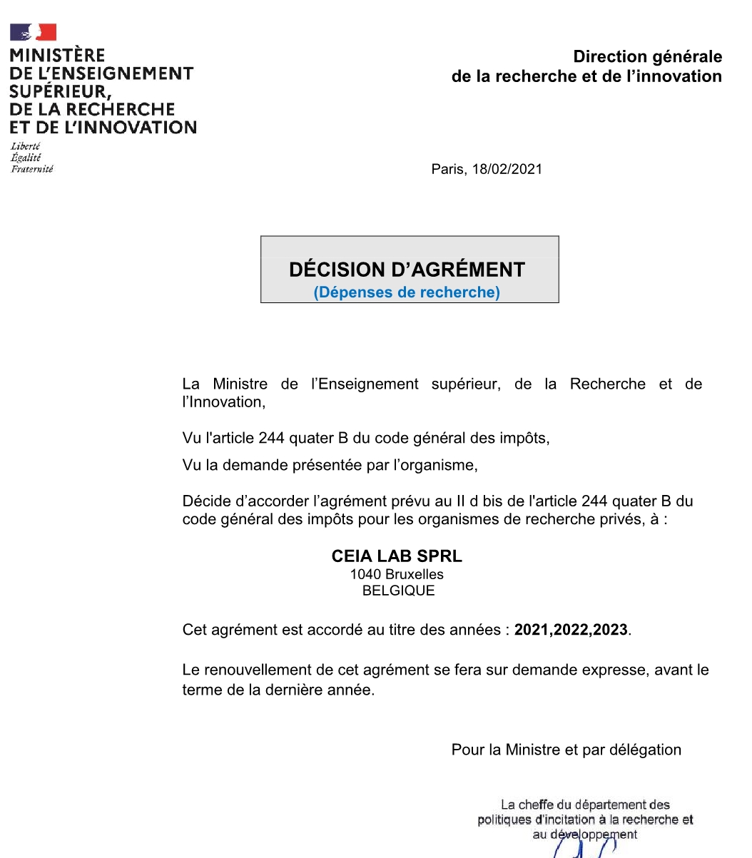 Renouvellement pour 3 ans de notre agrément au Crédit Impôt Recherche (CIR)